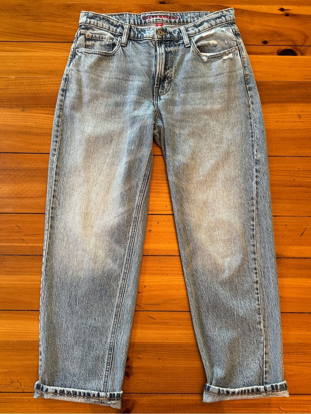 Lucky Brand Distressed Boy Mid Rise Relaxed Straight Jeans, Size 6/2